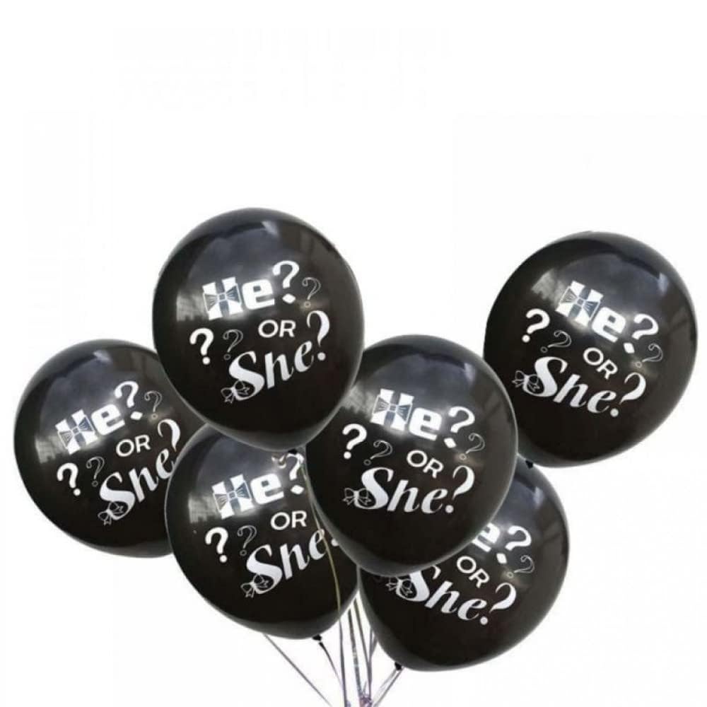 10pcs. Baby Shower 10inch Black Latex Balloons: Enigmatic HE SHE Question Marks Printed Goud Bharai Balloons | Celebrate Your Pregnancy Announcement with Mystery and Style!