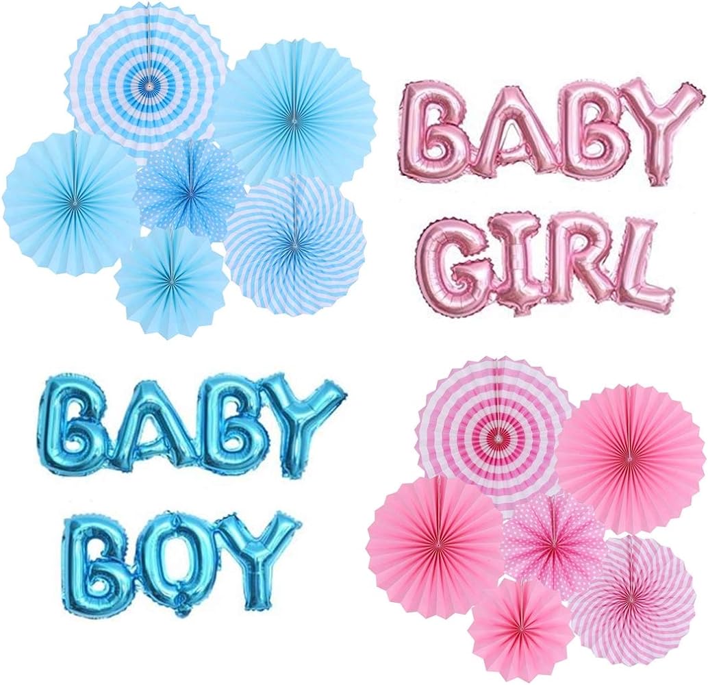 Paper Fan and Baby Boy Baby Girl Foil Balloons Set - Blue & Pink for Baby Shower Party Decor