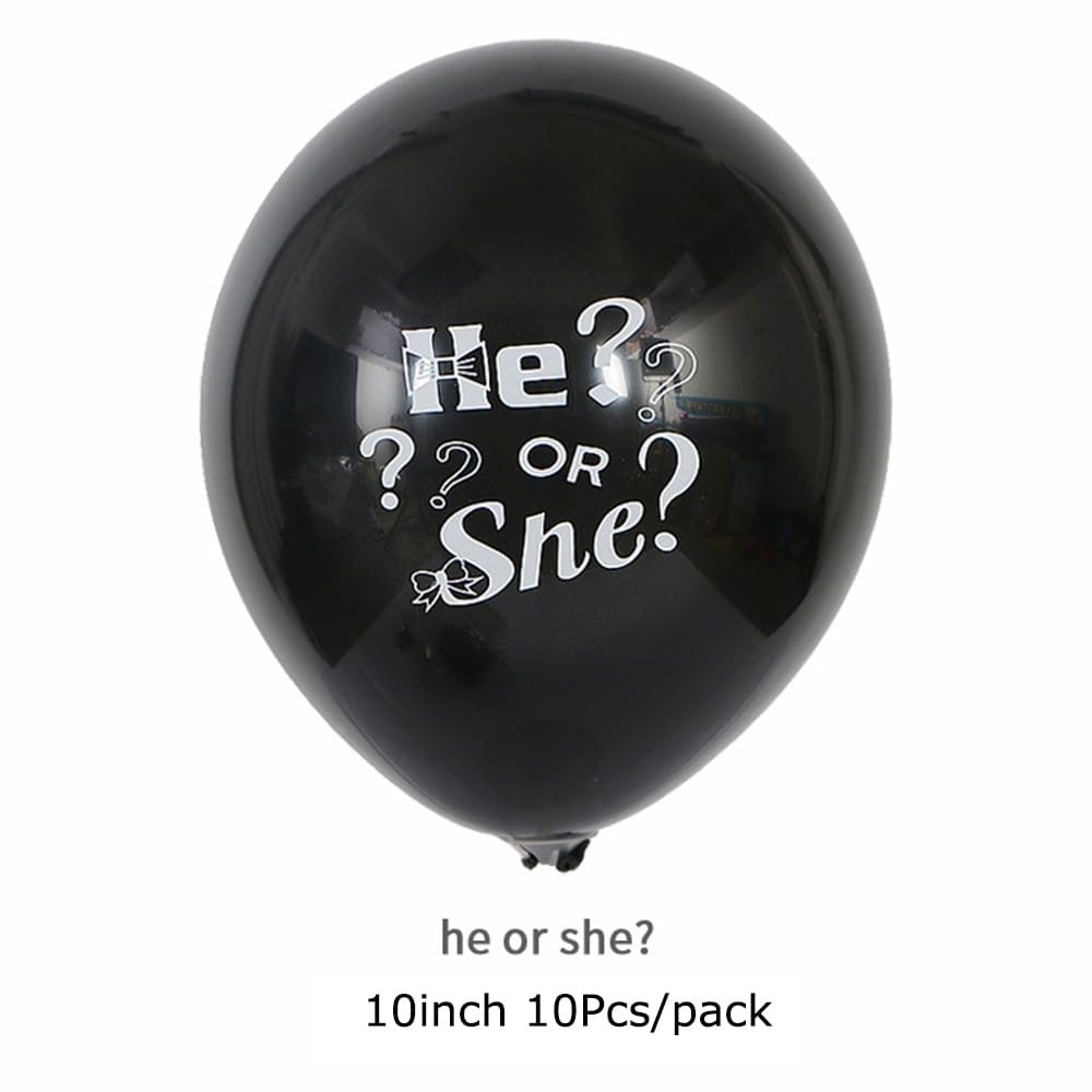 10pcs. Baby Shower 10inch Black Latex Balloons: Enigmatic HE SHE Question Marks Printed Goud Bharai Balloons | Celebrate Your Pregnancy Announcement with Mystery and Style!